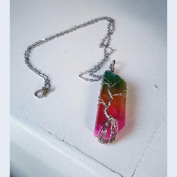 🌳Tree of Life🌳 Wire Wrap Rainbow🌈Sunset Raw Crystal Quartz Necklace✨ - Picture 2 of 5